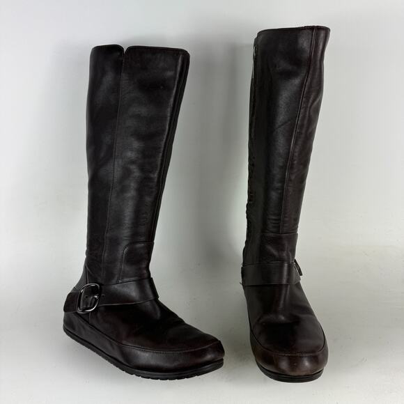 Fitflop Boots Women 7.5 Brown Round Toe Side Zip Knee High Ankle Buckle Western - Picture 1 of 9